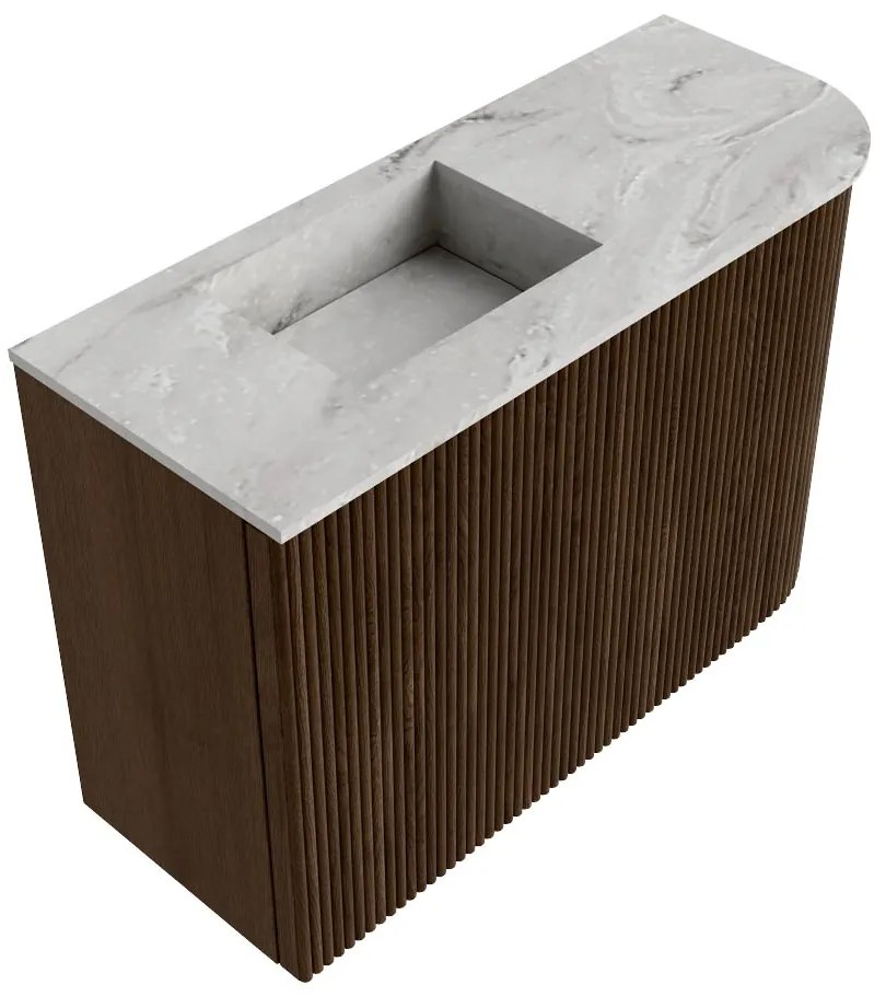 Mondiaz Joya DLux 60cm toiletmeubel ronding rechts walnut met wastafel faye links 1 kraangat glace