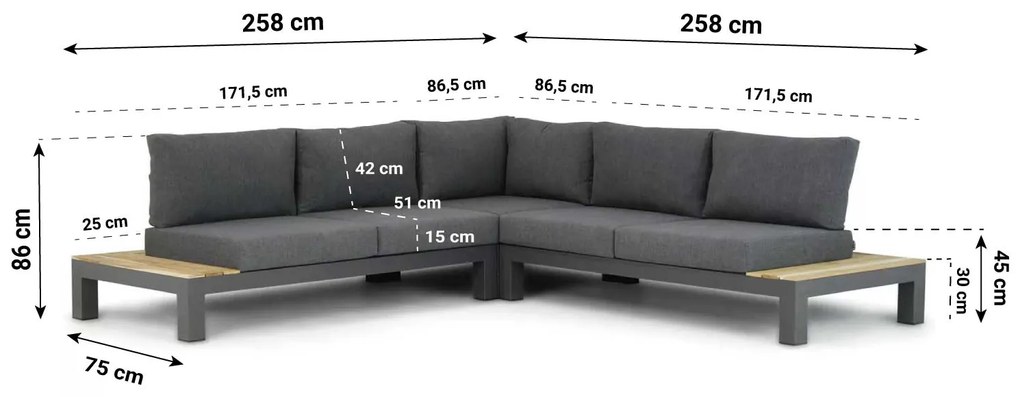 Loungeset 5 personen Aluminium/Teak Grijs Lifestyle Garden Furniture Ravalla/Seaside