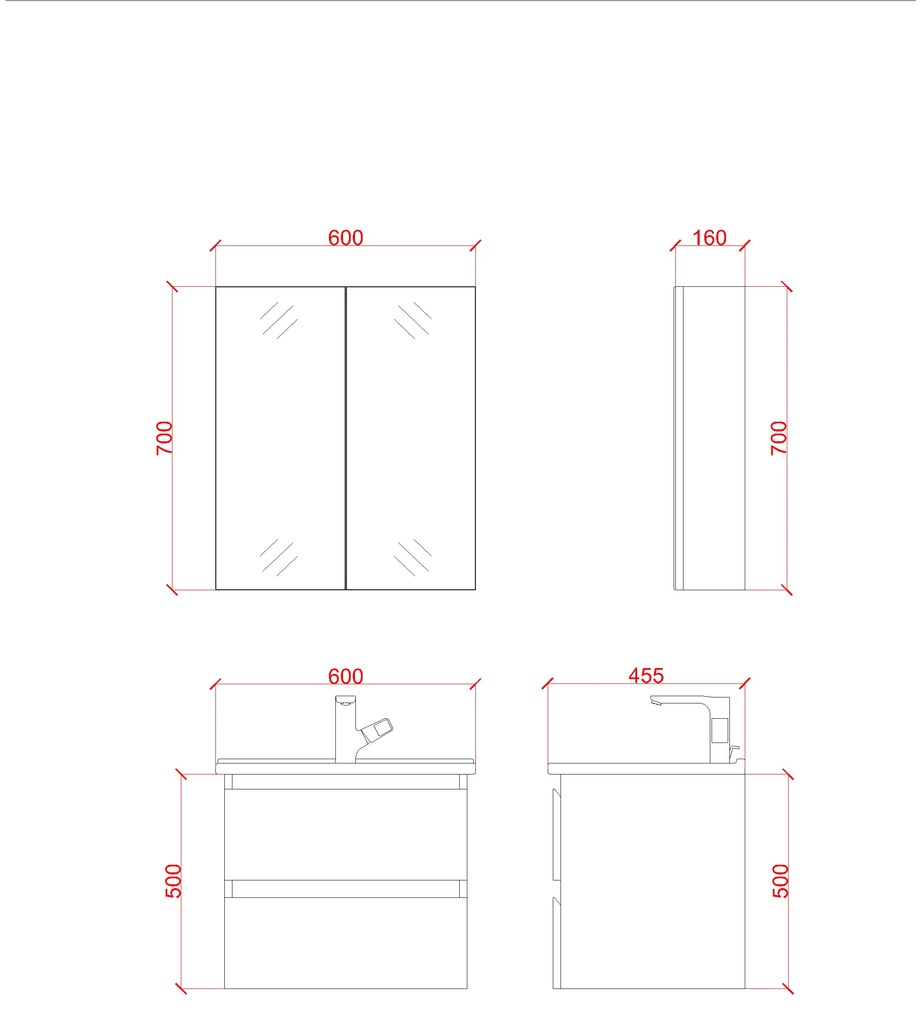 SaniGoods Sally badkamermeubel 60cm wit glans met Solid Surface wastafel rechthoek