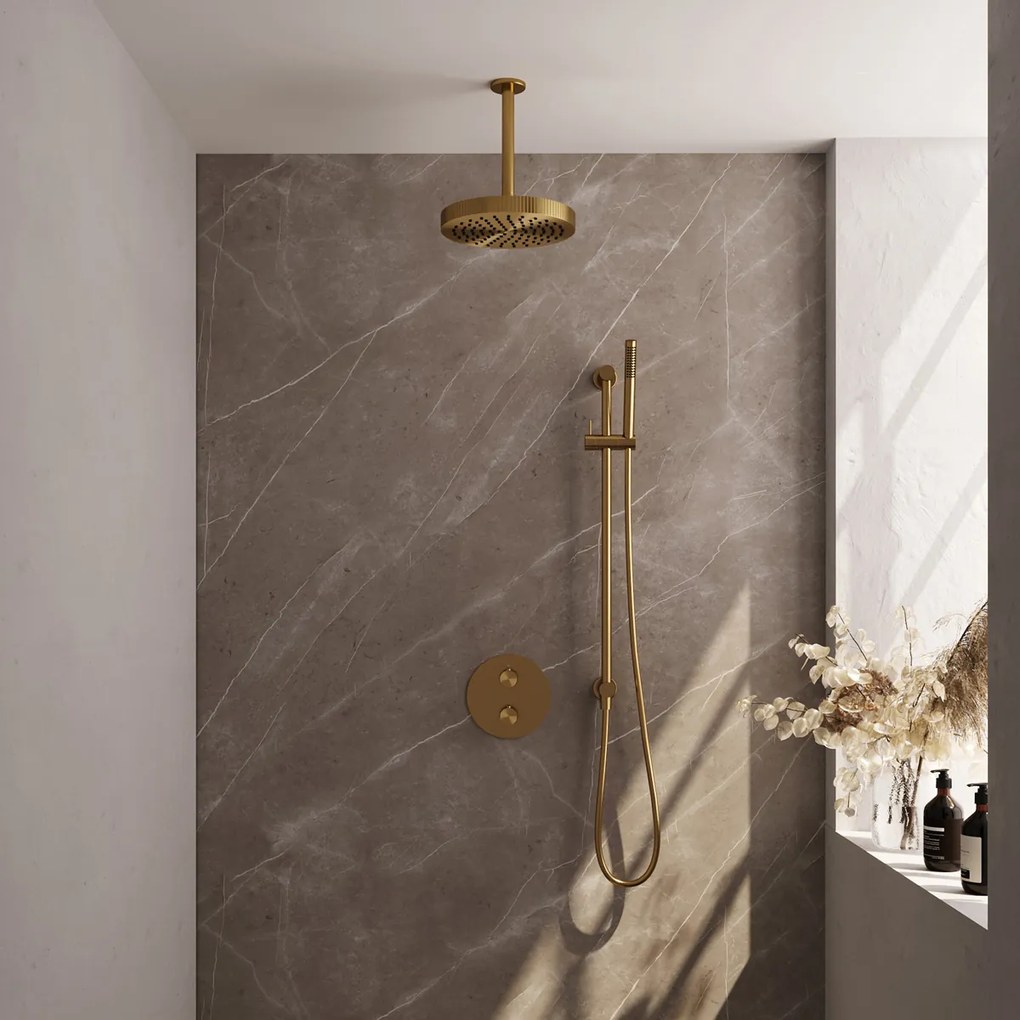 Brauer Stripe inbouw regendouche rond met 25cm hoofddouche, rond met plafondarm, glijstang en staafhanddouche set 45 messing geborsteld PVD