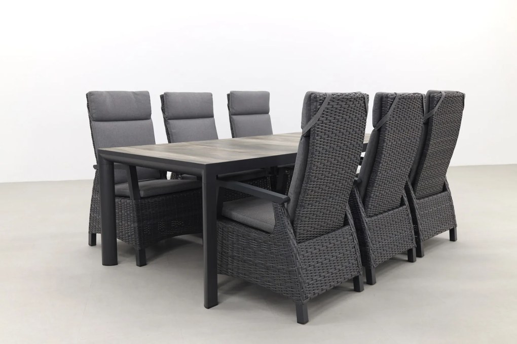 Darwin/Kings 6-persoons wicker verstelbare tuinset 220x100 cm. - Antraciet/Houtlook