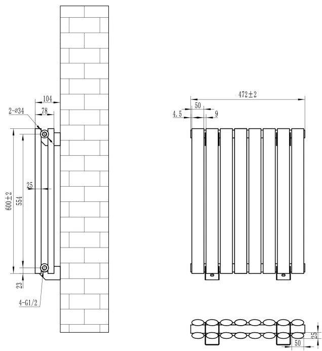 Eastbrook Tunstall dubbele radiator 50x60cm 734W zwart mat