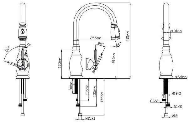 Sento Pulldown Nostalgic keukenkraan RVS met handdouche