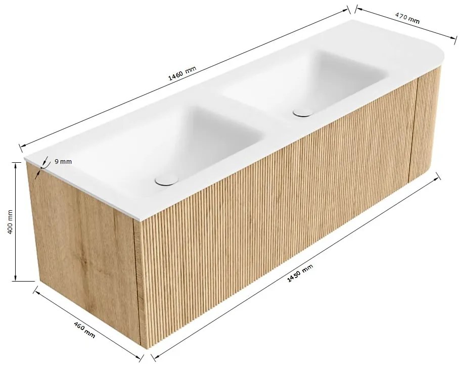 Mondiaz Kurve 145cm badmeubel ronding rechts walnut met 1 lade en deur en wastafel cloud dubbel/links 2 kraangaten