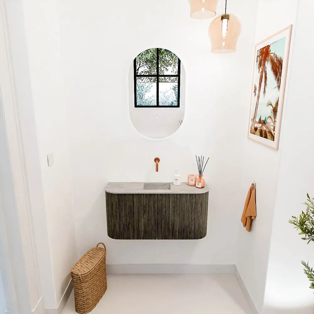 Mondiaz Joya DLux 85cm toiletmeubel ronding links/rechts shadow met wastafel faye midden zonder kraangat glace