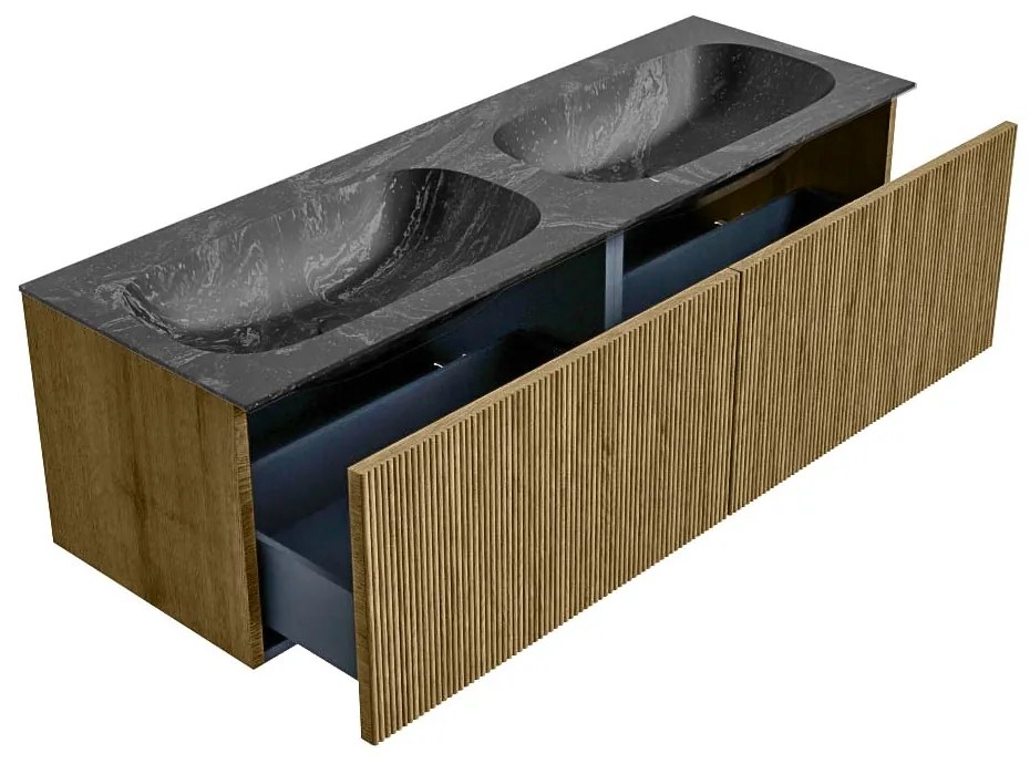 Mondiaz Kurve-dlux 140cm badmeubel dusk met 2 lades en wastafel stor small dubbel 2 kraangaten lava