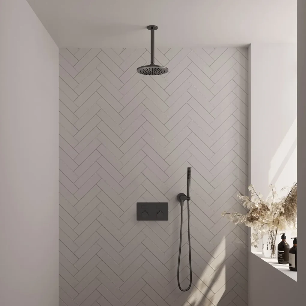 Brauer Gunmetal Carving thermostatische inbouw regendouche met staafhanddouche, plafondarm en hoofddouche 20cm set 53 gunmetal geborsteld PVD