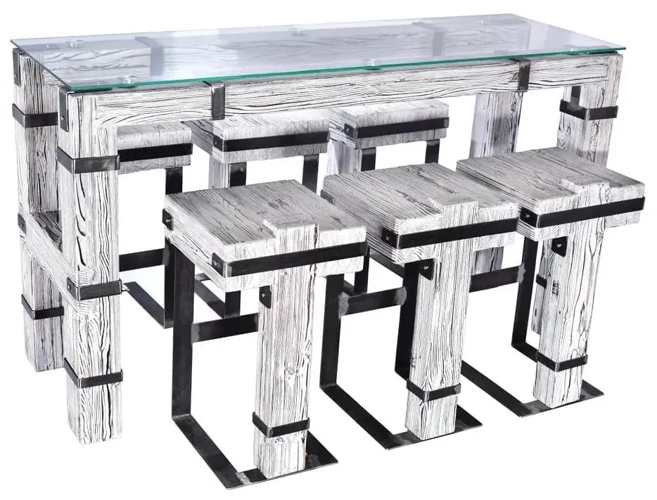 CHYRKA® Eettafel woonkamer tafel DROHOBYCZ kruk loft vintage bar industrieel design handgemaakt hout glas metaal