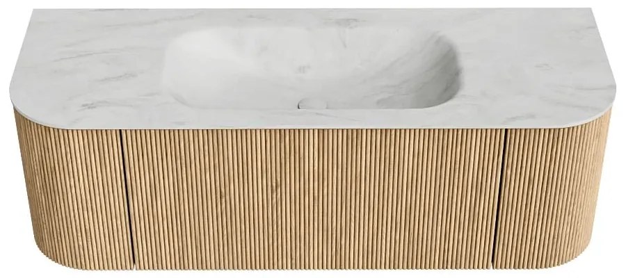 Mondiaz Kurve-dlux 130cm badmeubel ronding links/rechts oak met 1 lade en 2 deuren en wastafel big small midden zonder kraangat opalo