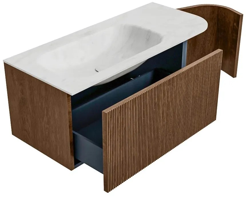 Mondiaz Kurve-dlux 105cm badmeubel ronding rechts walnut met 1 lade en deur en wastafel big small links zonder kraangat opalo