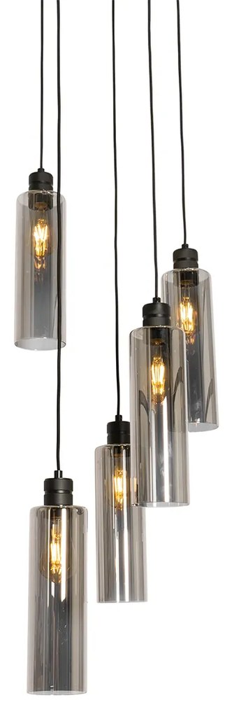 Moderne hanglamp zwart met smoke glas 5-lichts - Stavelot