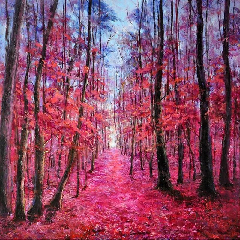 Schilderij -Handgeschilderd - Roze bos - 100x100cm