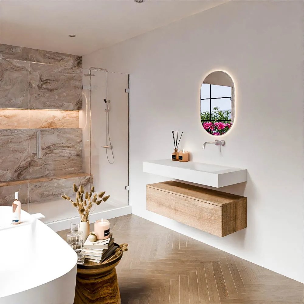 Zaro Alan badmeubel 110cm washed oak 1 lade met vrijhangende wastafel cloud rechts zonder kraangat talc