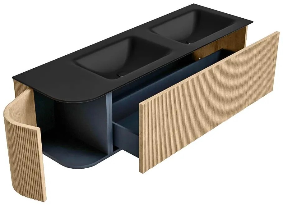 Mondiaz Kurve 145cm badmeubel ronding links oak met 1 lade en deur en wastafel cloud dubbel/rechts zonder kraangat urban