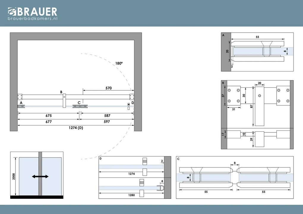 Brauer Void profielloze nisdeur 130cm met draaideur 60cm aan glas zwart mat