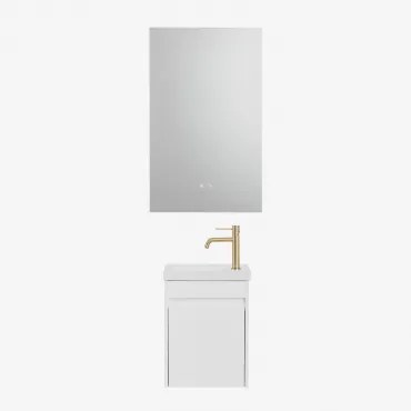 Narek Zwevend Houten Badkamermeubelset Met Geïntegreerde Wastafel Wit & Geborsteld Goud ↑20 Cm Met Aftapkraan Zonder Overloop Orveta & Rectangular Led