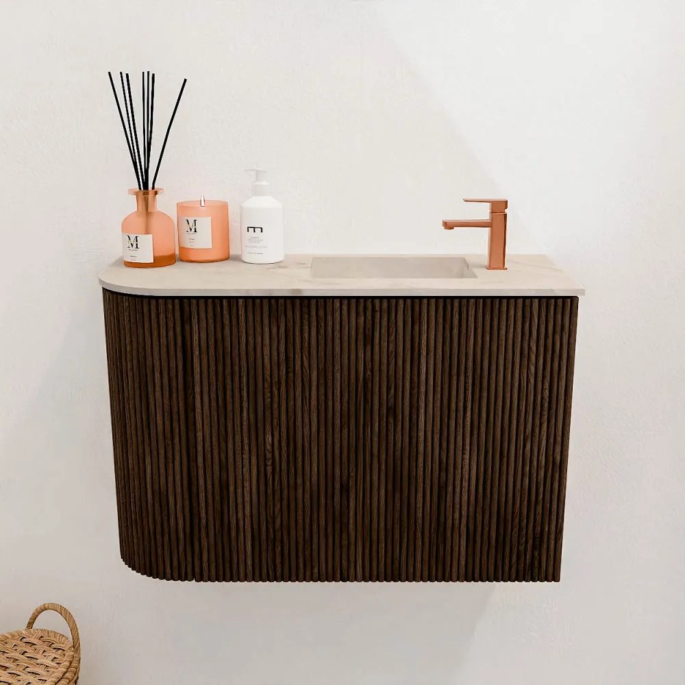 Mondiaz Joya DLux 60cm toiletmeubel ronding links walnut met wastafel faye rechts 1 kraangat frappe