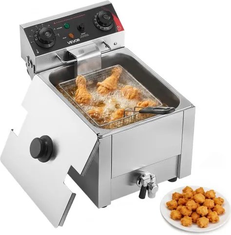 VEVOR Commerciële elektrische frituurpan met één kom, 6,8 liter oliecapaciteit, 2500 W, roestvrijstalen tafelmodel met verbeterd oliefiltersysteem, frituurmand, deksel en temperatuurregeling, voor restaurants
