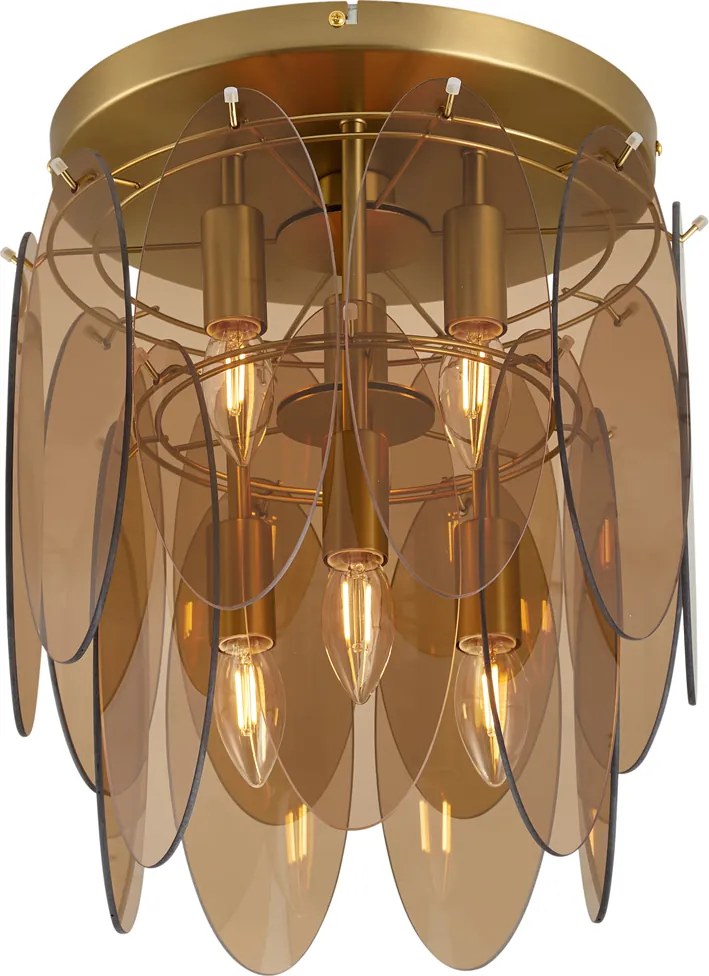 Art Deco plafondlamp goud met amber glas ovaal 6-lichts - Mochan