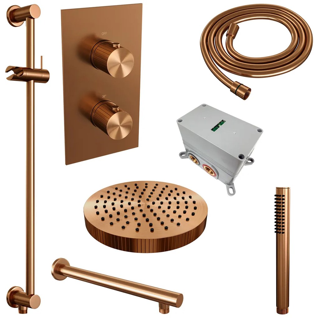 Brauer Stripe inbouw regendouche met 25cm hoofddouche, met rechte muurarm, glijstang en staafhanddouche set 19 koper geborsteld PVD