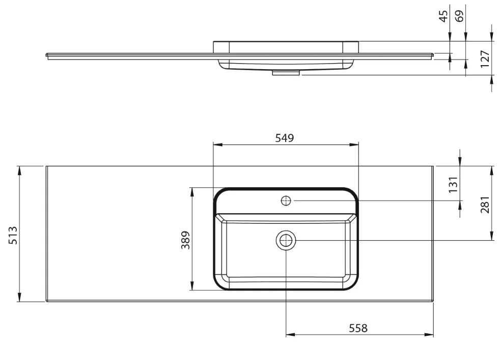 Sapho Brahea wastafel 145x50cm solid surface wit mat met brede rand en kraangat rechts