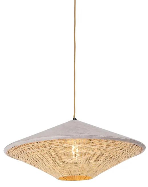 Stoffen Eettafel / Eetkamer Landelijke hanglamp beige velours met riet 60 cm - Frills Can Landelijk / Rustiek,Oosters E27 rond Binnenverlichting Lamp