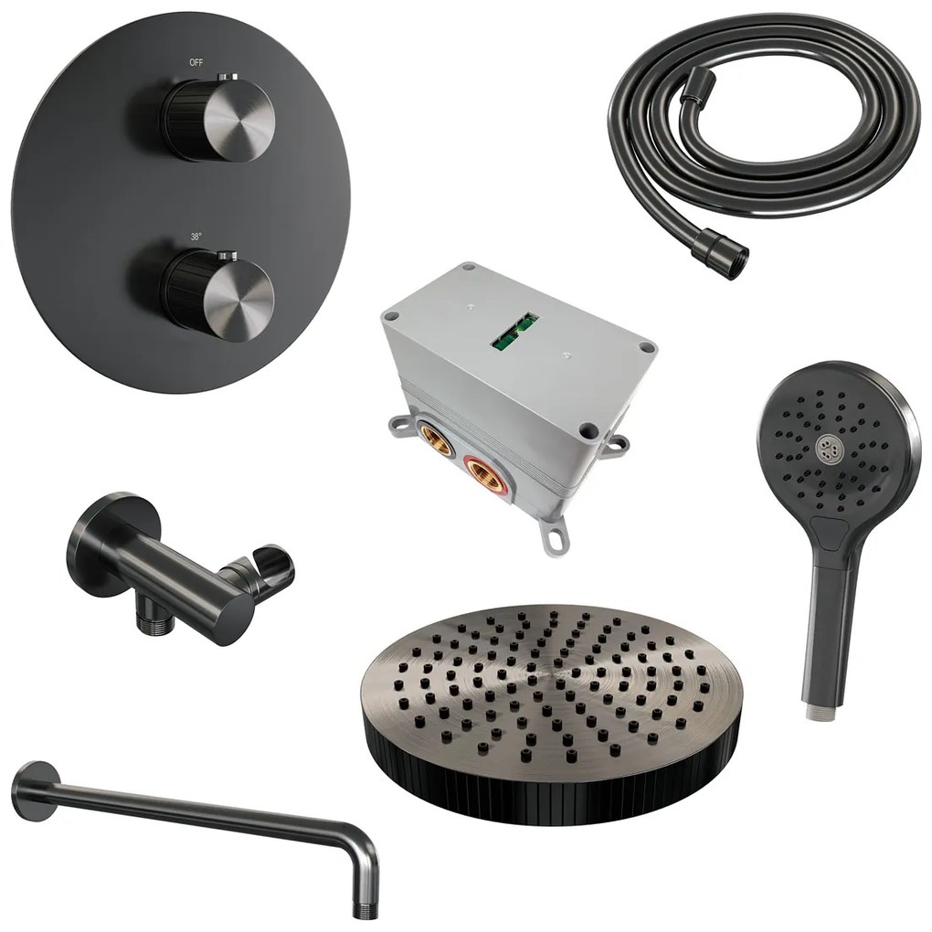 Brauer Stripe inbouw regendouche rond met 25cm hoofddouche, gebogen muurarm en 3 standen handdouche set 41 gunmetal geborsteld PVD