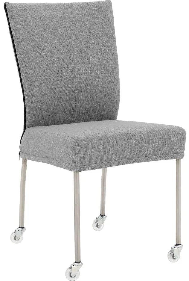Goossens Eetkamerstoel Funk RVS Poten grijs stof leuning en Transparant skater wiel met rvs kapmet wielen, modern design