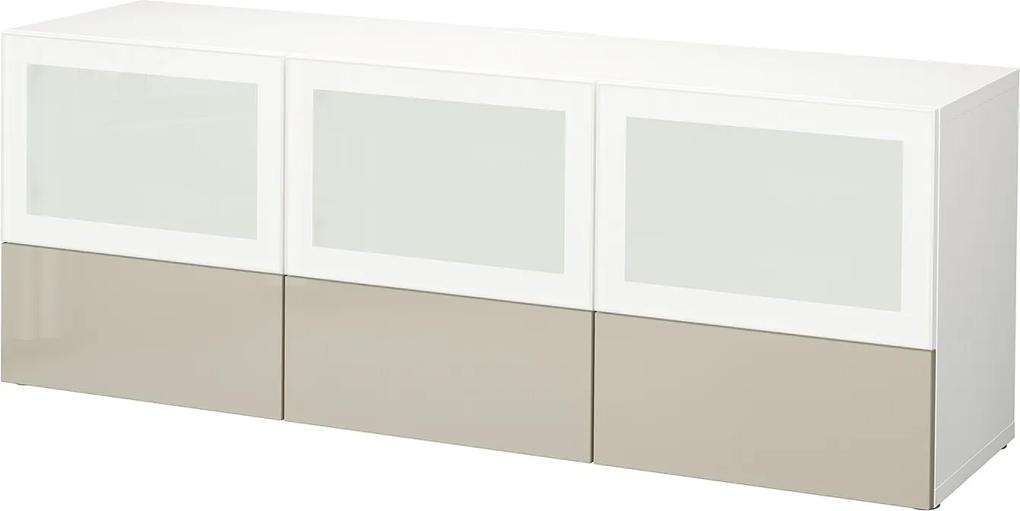 BESTÅ Tv-meubel met deuren en lades wit/ hoogglans/beige frosted glas