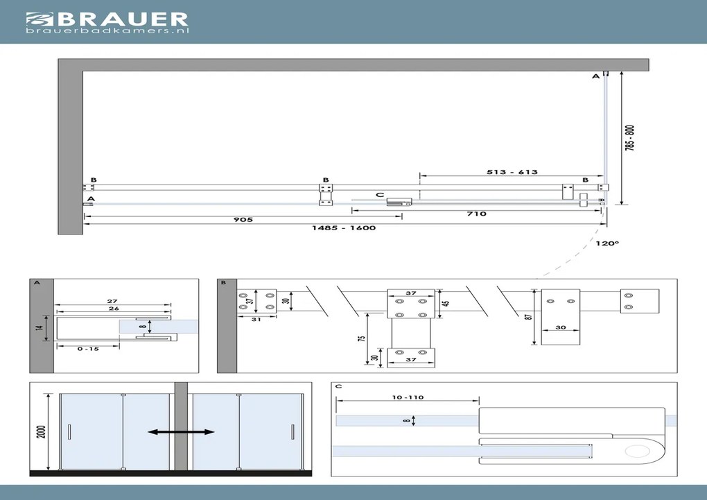 Brauer Stellar douchecabine met draaideur 160x80cm RVS geborsteld PVD