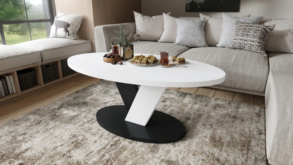 LOVA Wit/Zwart - OVALE SALONTAFEL 110x60 cm MODERNE KOFFIETAFEL