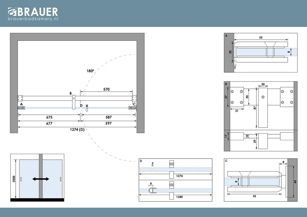Brauer Void profielloze nisdeur 130cm met draaideur 60cm aan muur koper geborsteld PVD