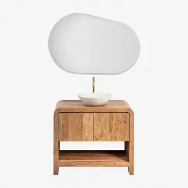 Vacry Houten Badkamermeubelset Acacia Bruin & Rond Cement Wit Ø40 Cm Zavion & Ovaal Led En Anticondens 100x80 Cm Riben & Geborsteld Goud ↑30 Cm Met Af