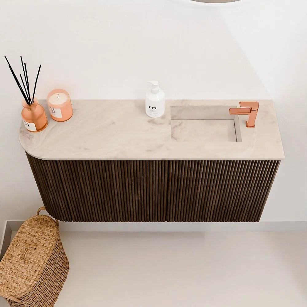Mondiaz Joya DLux 80cm toiletmeubel ronding links walnut met wastafel faye rechts 1 kraangat frappe