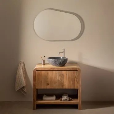 Vacry Houten Badkamermeubelset Acacia Bruin & Ovaal Led En Anticondens 100x80 Cm Riben & Geborsteld Grijs ↑30 Cm Met Aftapkraan Zonder Overloop Orveta