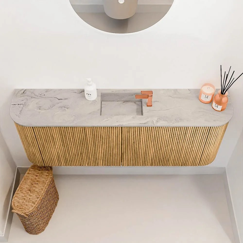Mondiaz Joya DLux 115cm toiletmeubel ronding links/rechts oak met wastafel faye midden 1 kraangat glace