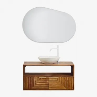 Baty Mangohouten Badkamermeubelset Mangohout & Rond Cement Wit Ø40 Cm Zavion & Ovaal Led En Anticondens 100x80 Cm Riben & Wit ↑30 - Sklum