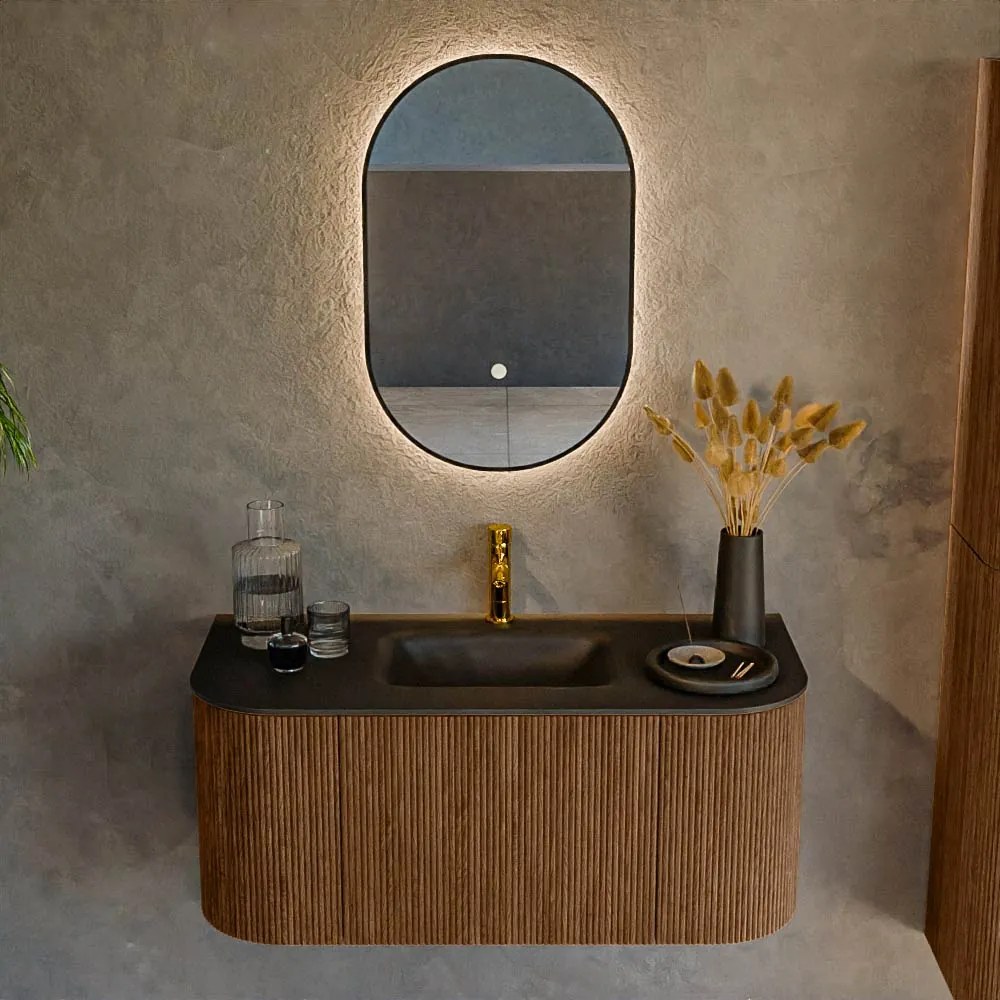 Mondiaz Kurve 100cm badmeubel ronding links/rechts walnut met 1 lade en 2 deuren en wastafel grunne midden 1 kraangat urban