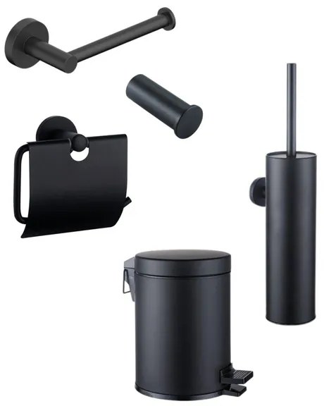 Fortifura Calvi Toiletset 5-delig - toiletrolhouder - reserverolhouder - toiletborstelhouder - handdoekhaak - pedaalemmer - mat zwart SW1183143/SW639935/SW1111541/SW1211586/SW1111577