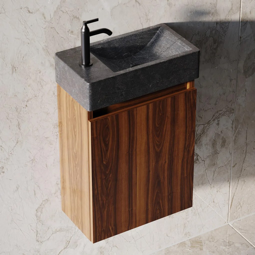 Fontana Recto toiletmeubel walnoot 40x22cm met natuurstenen fontein links