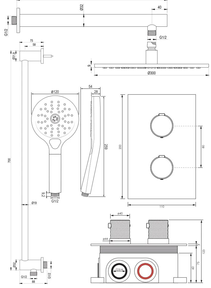 Brauer Brushed Carving complete inbouw regendouche set 44 met 30cm douchekop, rechte muurarm, 3 standen handdouche en glijstang RVS geborsteld PVD