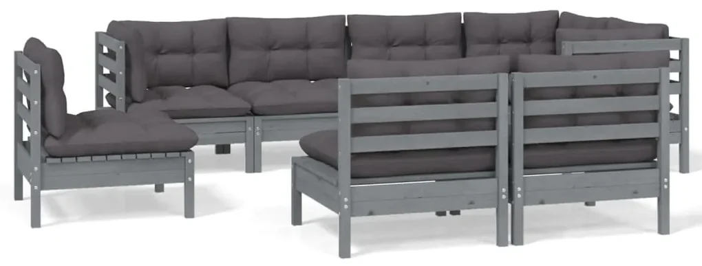 vidaXL 8-delige Loungeset met kussens massief grenenhout grijs