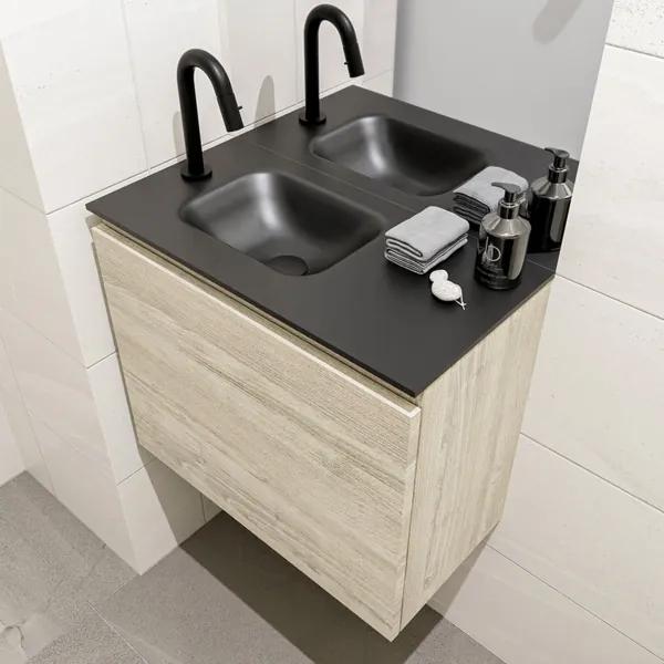 MONDIAZ OLAN Toiletmeubel 60x30x40cm met 1 kraangaten 1 lades light brown grey mat Wastafel Lex links Solid Surface Zwart FK75343079