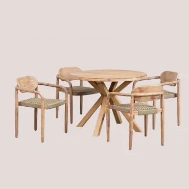Ronde Tafelset Ø100 Cm En 4 Eetkamerstoelen Met Armleuningen Van Eucalyptus Hout Naele Bruin - Tarwe - Sklum