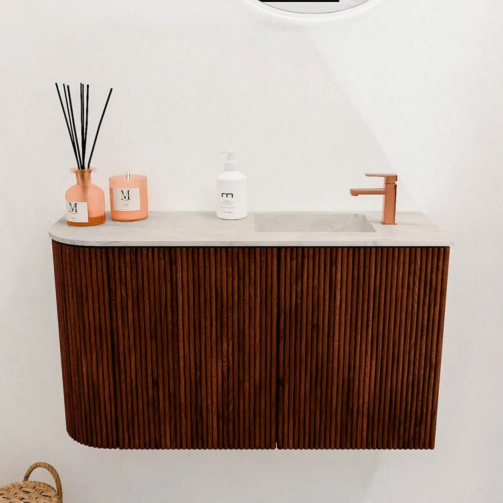 Mondiaz Joya DLux 70cm toiletmeubel ronding links ruby met wastafel faye rechts 1 kraangat ostra
