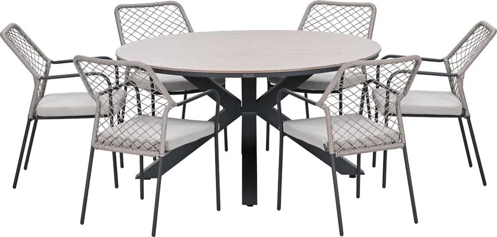 Garden Impressions Ross tuinset sand 6-delig - Tulli tuintafel light teak look Ø148 cm