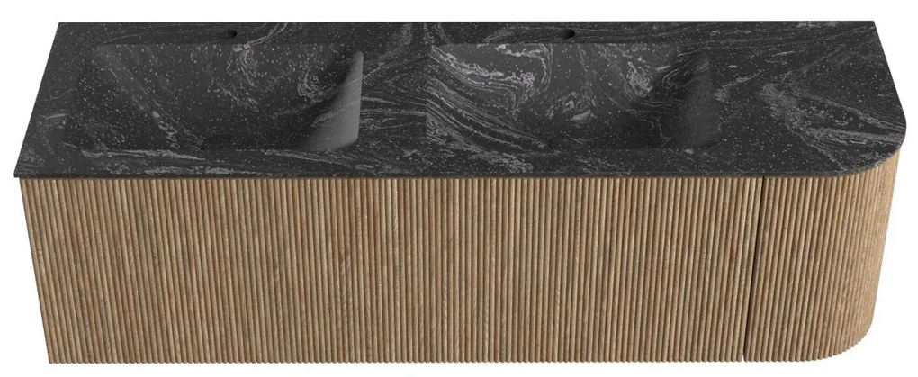 Mondiaz Kurve-dlux 145cm badmeubel ronding rechts dusk met 1 lade en deur en wastafel leaf dubbel/links 2 kraangaten lava