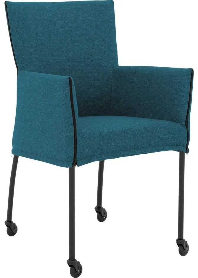 Goossens Eetkamerstoel Funk Zwarte Poten blauw stof met armleuning en Zwart skater wiel met zwarte kapmet wielen, modern design