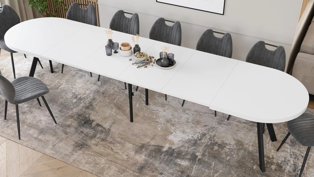 Mazzoni EXPANSO Wit mat / zwarte poten - OVALE UITSCHUIFTAFEL 160-360 cm VOOR 16-18 PERSONEN