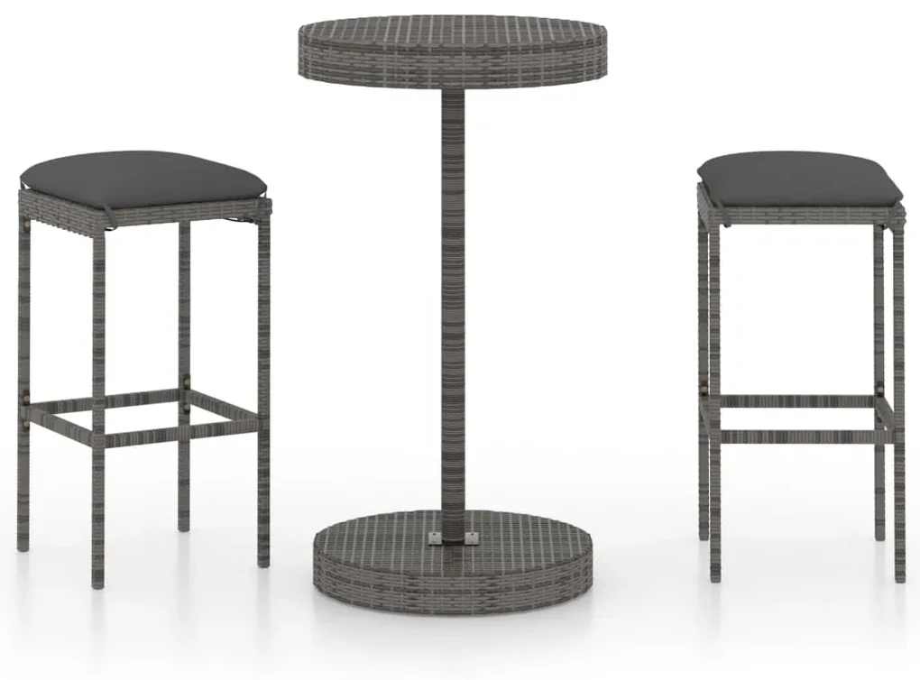 vidaXL 3-delige Tuinbarset met kussens poly rattan grijs
